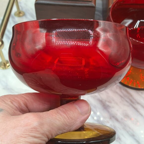 Vintage MCM Block Crystal Ruby And Amber Brandy Glasses With Cadmium Glow 1960's - Picture 14 of 17